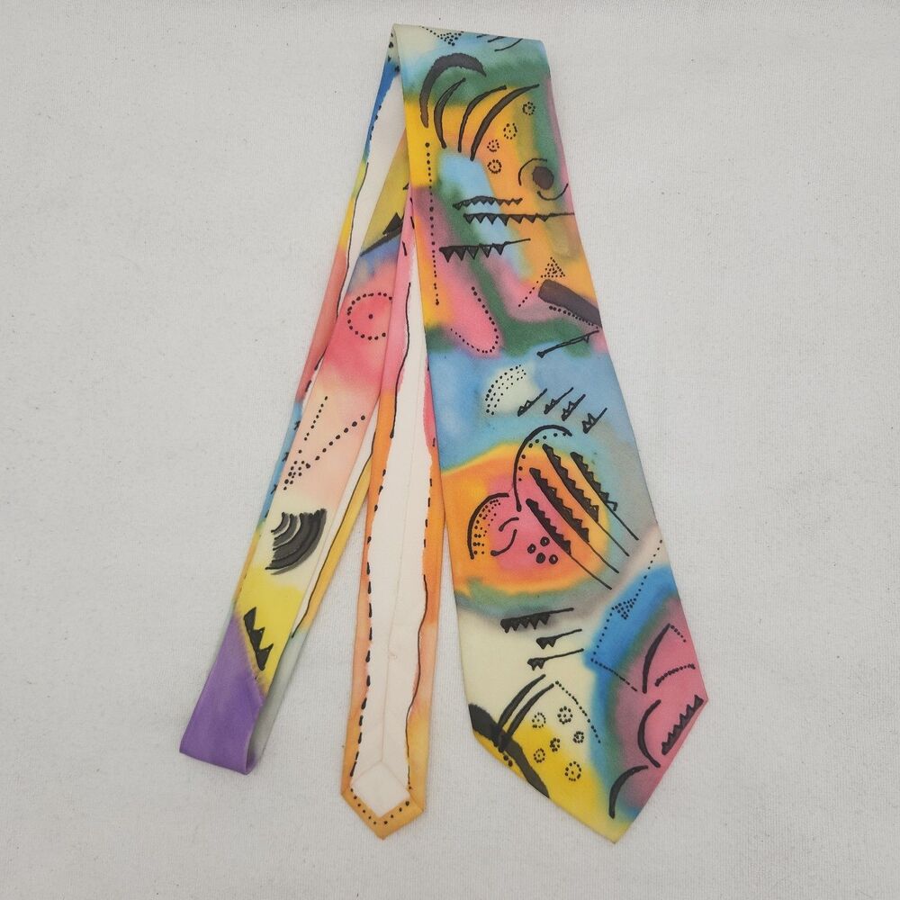 Tie Meier Seide Silk Hand Painted Artist Signed German VTG Neon Abstract Shapes